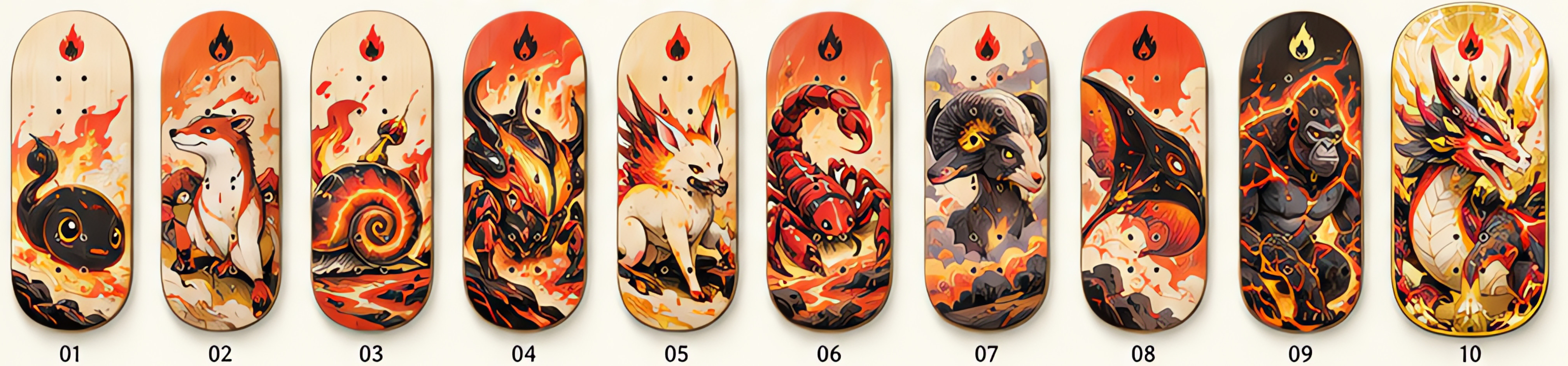עשרה בורדים מאוירים מתוך קטלוג DECKLINGS. EMBER CREW